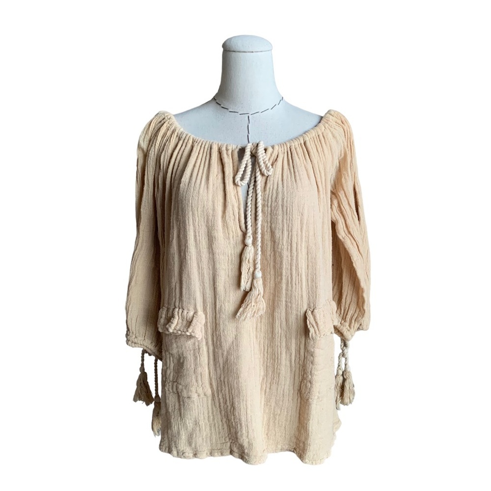 Jen’s Pirate Booty Cotton Gauze Top Blouse Pockets Rope Tassels